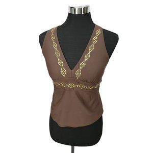 Contour By‎ Beach Scene Brown Studded V-Neck Tankini Swimsuit Top Size 8